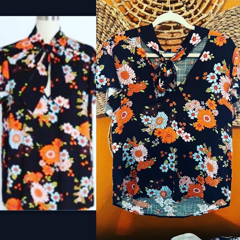 🧡 NWT MODCLOTH DAISY RETRO STYLE FLORAL BOW SECRETARY NECK BLOUSE TOP SHIRT L
